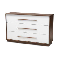 Baxton Studio LV3COD3232WI-Columbia/White-6DW-Dresser Mette Mid-Century Modern White and Walnut Finished 6-Drawer Wood Dresser